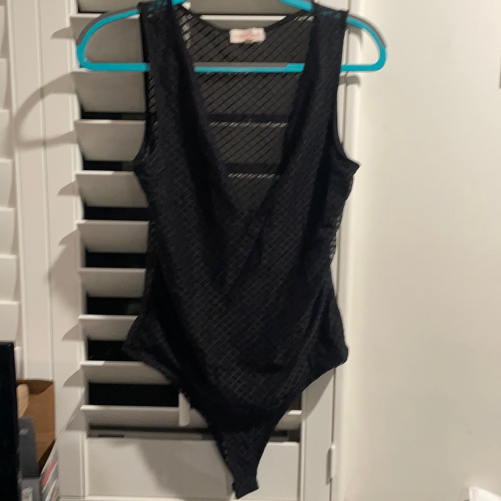 Black V-neck mesh bodysuit